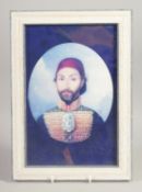 AN OTTOMAN SULTAN PORTRAIT ON GLASS, framed, image 29cm x 19cm.