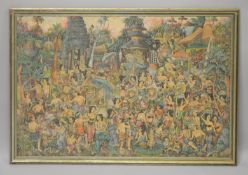 A GOOD BALINESE WATER COLOUR PAINTING ON CANVAS - BALI - MANY FIGURES - the painting depicting