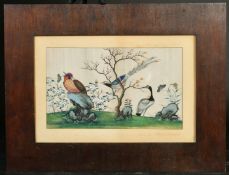 A CHINESE PITH PAINTING OF BIRDS WITH BUTTERFLIES AND FLORA, framed and glazed, image 20cm x 35cm.