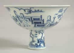 A CHINESE BLUE AND WHITE PORCELAIN PEDESTAL BOWL, decorated with figures in a garden, six-