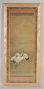 A 19TH CENTURY JAPANESE PAINTING ON SILK, depicting cranes, inscribed and with red seal, framed