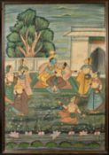 A LARGE INDIAN FRAMED PAINTING, depicting a courtyard scene with a blue skin figure and female