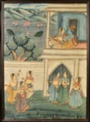 A LARGE INDIAN FRAMED PAINTING, depicting a courtyard scene with a blue skin figure and female