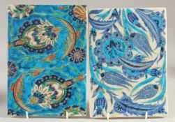 TWO 19TH CENTURY IZNIK GLAZED TILES, 24cm x 16cm.