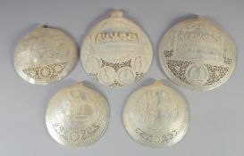 A COLLECTION OF FIVE JERUSALEM CARVED MOTHER OF PEARL SHELL PLAQUES, various sizes, largest 15.5cm x