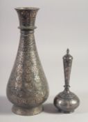 AN INDIAN BIDRI SILVER INLAID VASE, together with a small lidded bottle, (2).