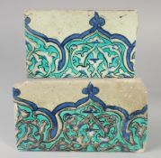 TWO 16TH-17TH CENTURY OTTOMAN DAMASCUS GLAZED POTTERY BORDER TILES, 21cm x 13cm and 23cm x 13.