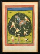 A FINE 19TH CENTURY INDIAN MINIATURE PAINTING OF KRISHNA CLIMBING A TREE, framed and glazed, image