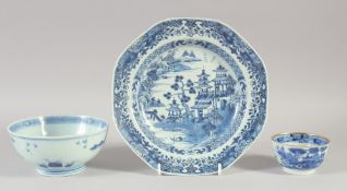 A CHINESE KANGXI BLUE AND WHITE BOWL, together with a blue and white plate and cup (cup repaired),