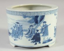 A CHINESE BLUE AND WHITE PORCELAIN JARDINIERE, decorated with figures, raised on three feet (loss to