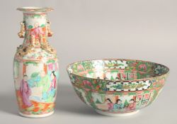 A CHINESE CANTON FAMILLE ROSE PORCELAIN VASE AND BOWL, (with faults), vase 20cm high, bowl 20cm