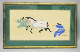 A CHINESE 20TH CENTURY WATERCOLOUR ON PAPER OF FIGURES AND HORSES - signed lower right, famed