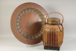 A MID-CENTURY LACQUER AND BAMBOO CONTAINER, together with an Indian enamelled metal dish - 58cm