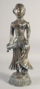 A LARGE 19TH-20TH CENTURY INDIAN SILVER FIGURE OF A FEMALE DRUMMER, on a domed base, her head and