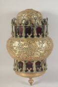 A SUPERB QUALITY QAJAR OPENWORKED LANTERN, decorated with figures on horseback and bird finials.