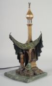 A LATE 19TH CENTURY AUSTRIAN BERGMAN COLD PAINTED BRONZE LAMP, signed, mounted to a marble base,