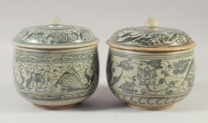 A MATCHED PAIR OF ASIAN BLUE AND WHITE PORCELAIN JARS AND COVERS, painted with fish and flora, 19.
