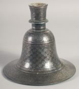 A FINE 19TH CENTURY INDIAN BIDRI SILVER INLAID HUQQA BASE, with foliate motifs, 16cm high.