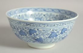 A CHINESE BLUE AND WHITE PORCELAIN LOTUS BOWL, with various floral motifs and scrolling vine, 15.5cm