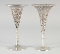 TWO 19TH CENTURY CHINESE EXPORT SILVER FLUTED OPENWORKED VASES, with bamboo design, signed by Wang