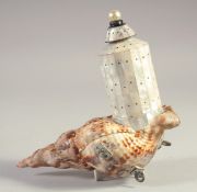 AN INDIAN GOA MOTHER OF PEARL AND CONCH SHELL POWDER FLASK.