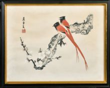 A JAPANESE PAINTING OF BIRDS ON A BRANCH, inscribed and with red seal framed and glazed, image 30.