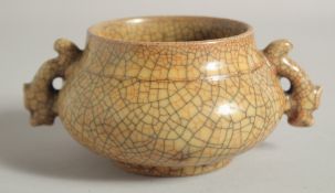 A CHINESE CRACKLE GLAZE TWIN HANDLE CENSER, 16cm handle to handle.