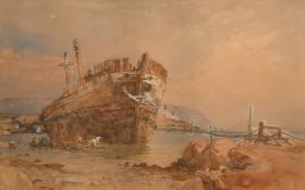 Circle of Cook of Plymouth, An old Hulk moored just off shore with figures in boats alongside in the