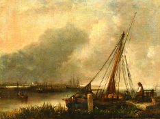 19th Century Dutch School, figures by a barge on a river with a town in the distance, oil on canvas,