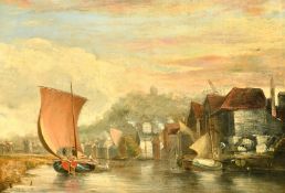 19th Century, barges approaching a town quay with a hilltop castle beyond, oil on canvas, 20