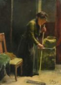 F. Jacques, French School, Circa 1896, female figure sweeping, oil on mahogany panel, signed and