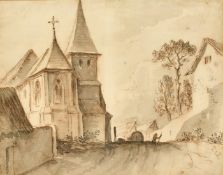 Attributed to Willem Schellinks (1627-1678), village scene with a figure by a church, ink and