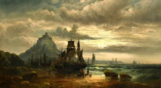 19th Century English School, figures by beached boats under moonlight, oil on canvas, indistinctly