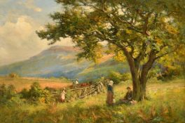 William Greaves (1852-1938) British, figures resting in an open landscape, oil on canvas, signed,