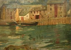 Early 20th Century, A West Country harbour wall scene with moored boats and buildings, oil on board,