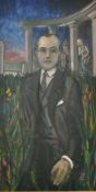Mid 20th Century, A portrait of a gentleman standing in a garden with marble statues beyond, oil