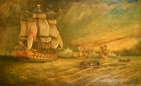 Late 19th Century, A fleet of Men of War and two rowing boats with crew off the coast of a