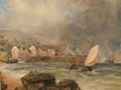 Attributed to Edward Tucker (1830-1909), ships off a headland with heavy weather approaching,