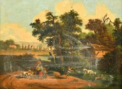 20th Century Continental School, figures and livestock in a landscape, oil on metal, 3.25