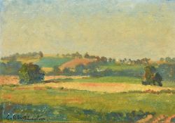 L. Worthington, A rural landscape with green fields and trees, oil on board, signed, inscription