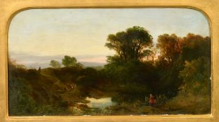 William Williams of Plymouth (1808-1895) British, figures and sheep by water at dusk, oil on