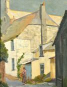 Cornish School, Female figure on a street, oil on board, bears signature, 15.75