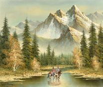 After Belmore Browne (1880-1954) American, Native American Indians on their horses in the Rockies,