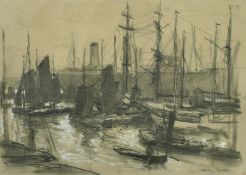 Carlos Grethe (1864-1913) Uruguay, a view of moored boats, charcoal and chalk, signed and with