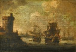 18th Century School, possibly Dutch, ships approaching a fortified harbour, oil on canvas, 5.75