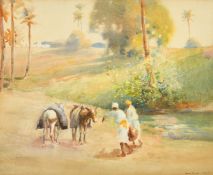 Frank Dean (1865-1947) British, figures and donkeys by water with dwellings beyond, watercolour,