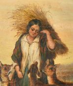 Follower of Pre-Raphaelite School, A young woman carrying wheat with three deer gathered around her,