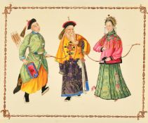 Late 19th Century Chinese School, study of three archers in traditional regional dress, watercolour,