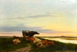 19th Century English School, cows resting under a crescent moon at dusk, oil on canvas, 24
