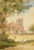 William Bell Scott (1811-1890) Scottish, A figure scything hay, a church beyond, watercolour,
